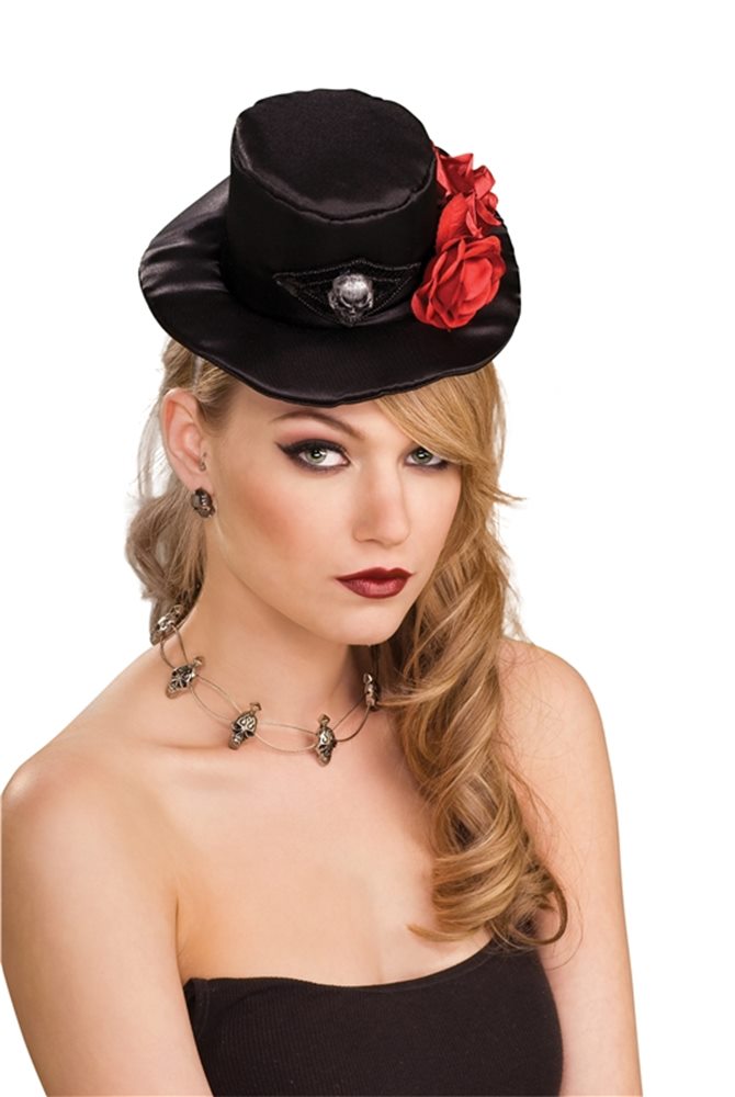 Picture of Gothic Black Mini Hat with Skull and Flowers