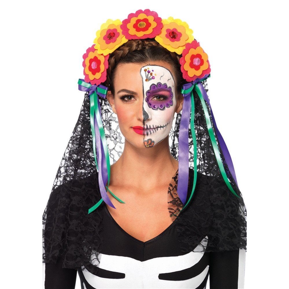 Picture of Day of the Dead Flower Headband with Lace Veil