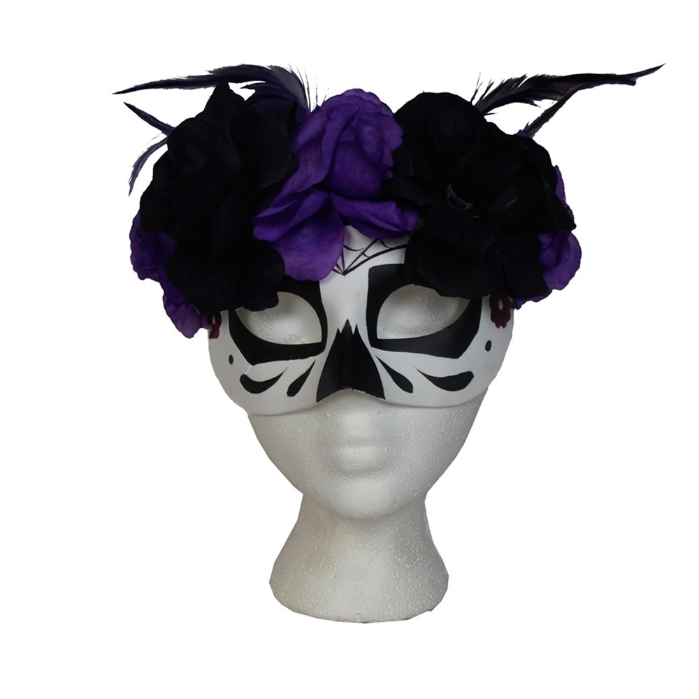 Picture of Day of the Dead Eye Mask with Black & Purple Flowers