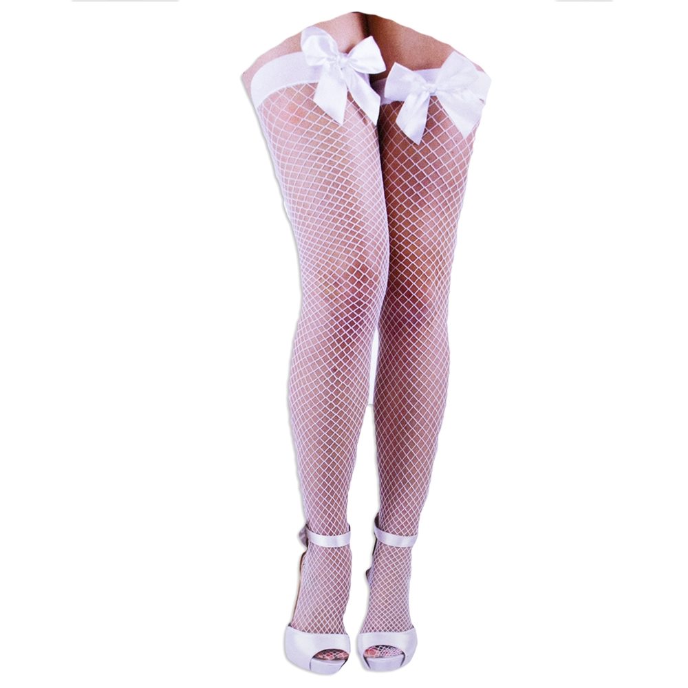 Picture of White Fishnet Thigh Highs with Bow