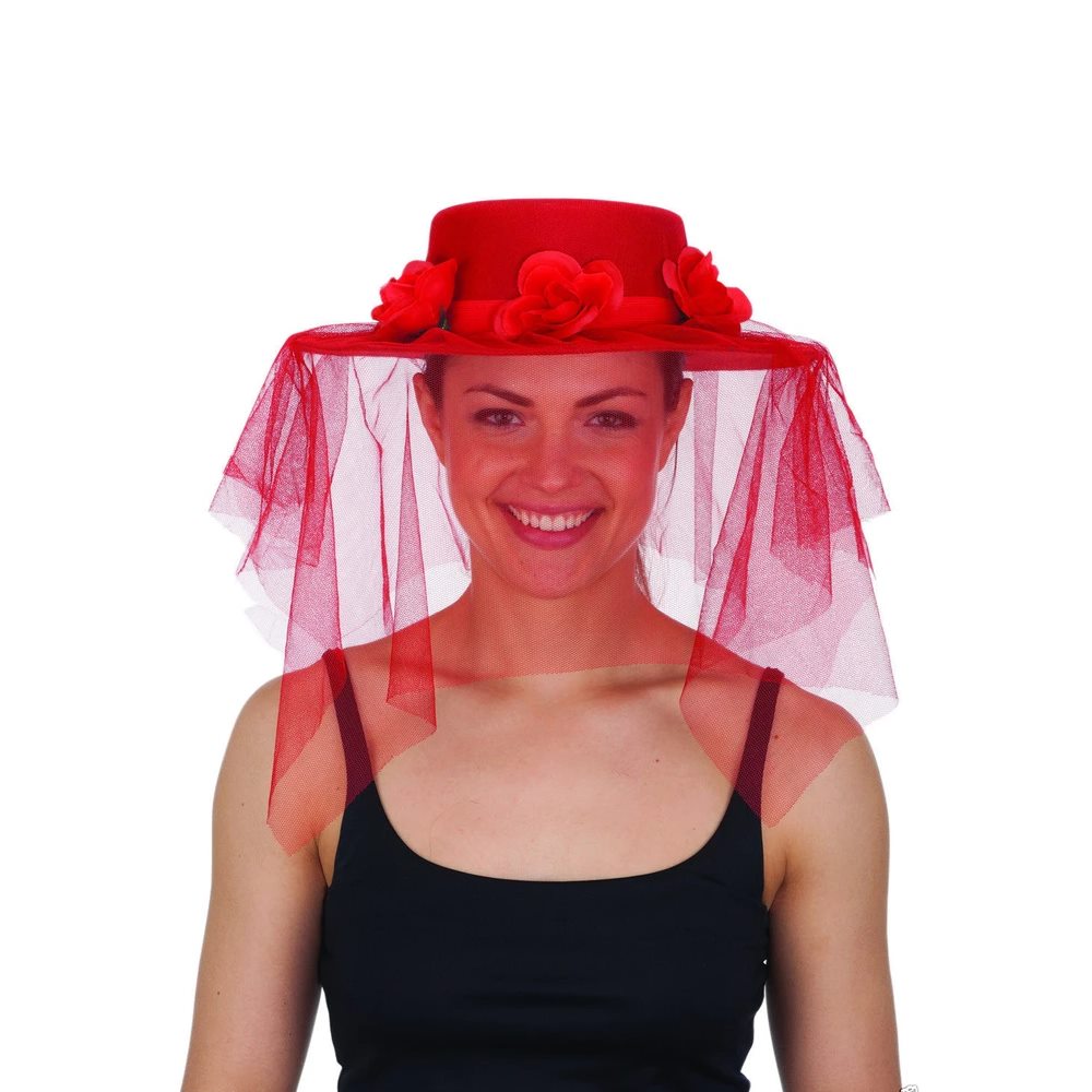 Picture of Red Spanish Hat with Veil & Flowers